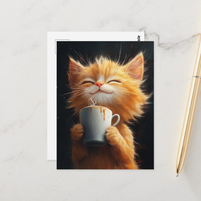 Carte Postale Cute Ginger Kitty avec café (Devant/Arrière en situation)
