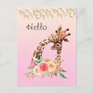 Carte Postale Cute Giraffe Aquarelle Maman & Bébé Bonjour