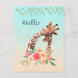 Carte Postale Cute Giraffe Aquarelle Maman & Bébé Bonjour