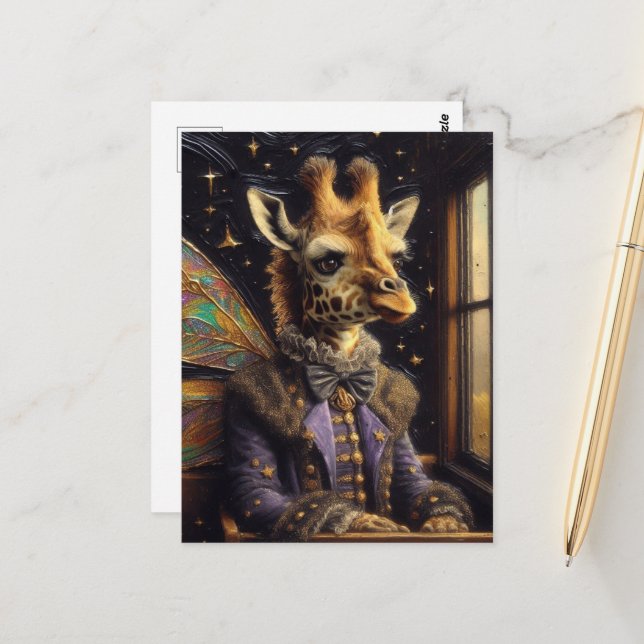 Carte Postale Cute Giraffe Fairy sur un train (Devant/Arrière en situation)