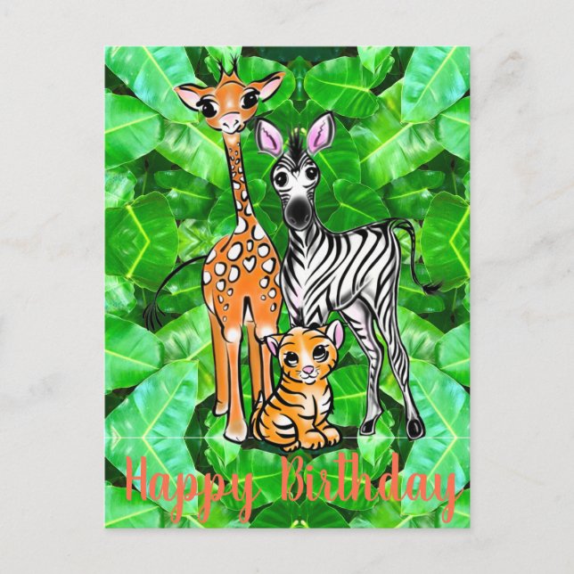 Carte Postale Cute Giraffe Zebra Tiger Safari amis jungle (Devant)