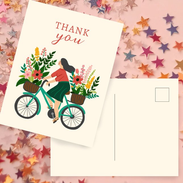 Carte Postale Cute Girl équitation Vélo avec Fleurs MERCI (Cute Girl Riding Bicycle w Flowers THANK YOU Postcard
)