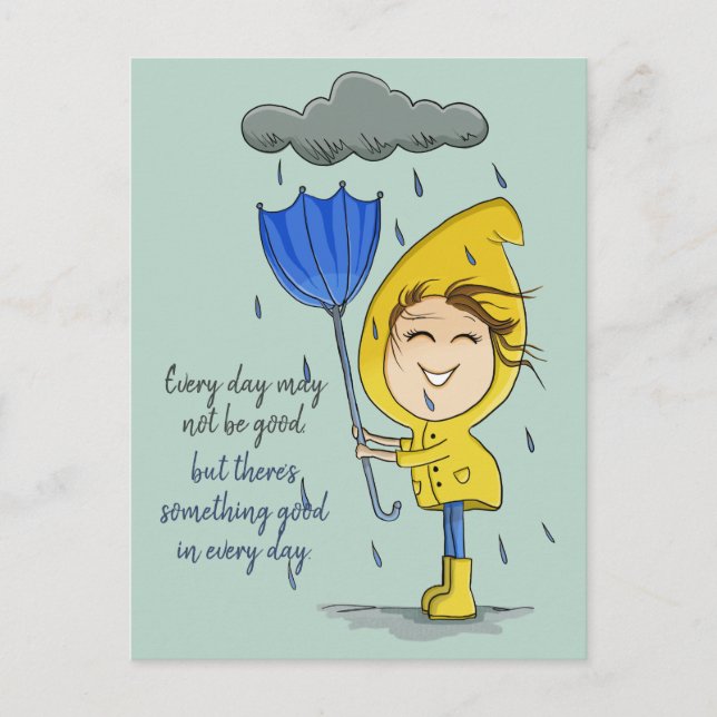 Carte Postale Cute Girl Rainy Windy Day Encouragement graphique (Devant)