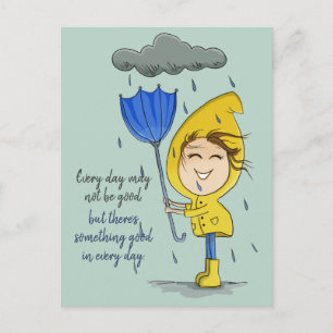 Carte Postale Cute Girl Rainy Windy Day Graphisme Encouragement