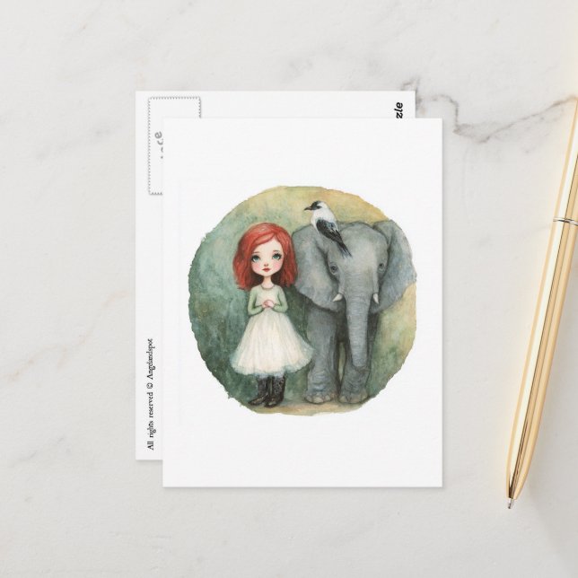 Carte Postale Cute Girl Red Hair With Elephant and Bird (Devant/Arrière en situation)