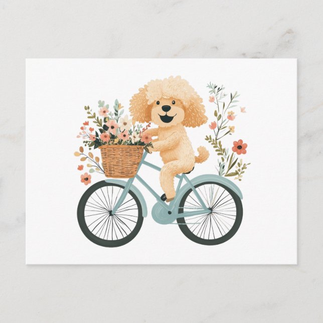 Carte Postale Cute Goldendoodle Chien Vélo Fleurs de printemps (Devant)
