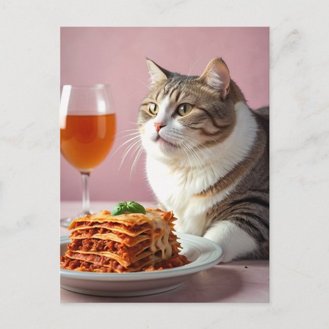 Carte Postale Cute Gray Chat avec Lasagne et Verre à Vin (Devant)