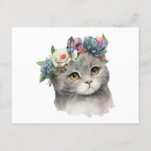 Carte Postale Cute Gray Couleur Chat avec Fleurs Amoureux des ch