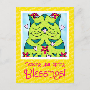 Carte Postale Cute Grenouille Verte Chat Avec Fleurs Blessures P