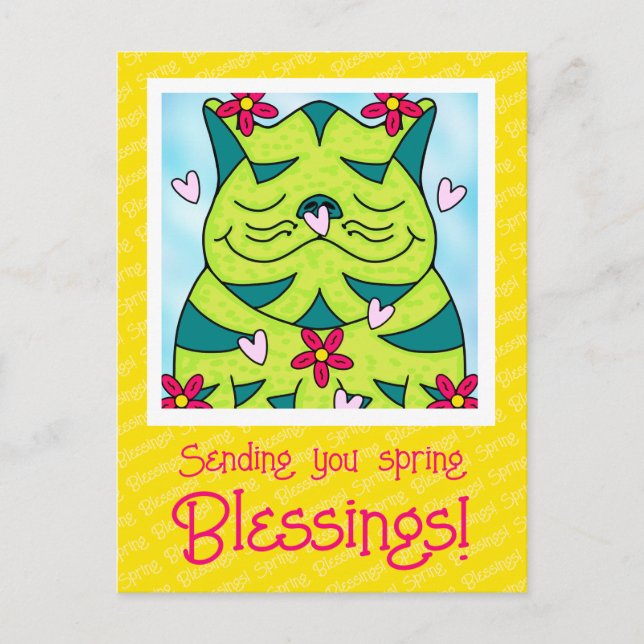 Carte Postale Cute Grenouille Verte Chat Avec Fleurs Blessures P (Devant)