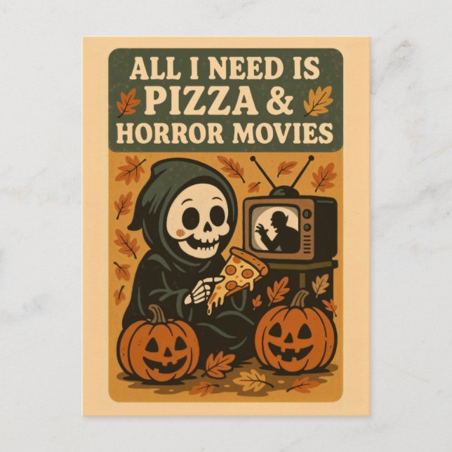 Carte Postale Cute Grim Reaper Manger Pizza Drôle Halloween (Devant)