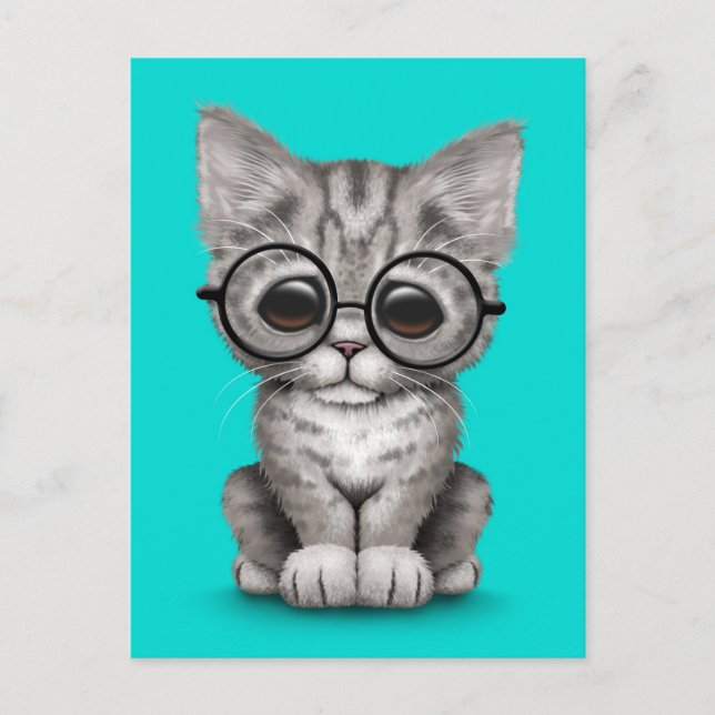 Carte Postale Cute Gris Tabby Kitten avec lunettes d'oeil bleu (Devant)