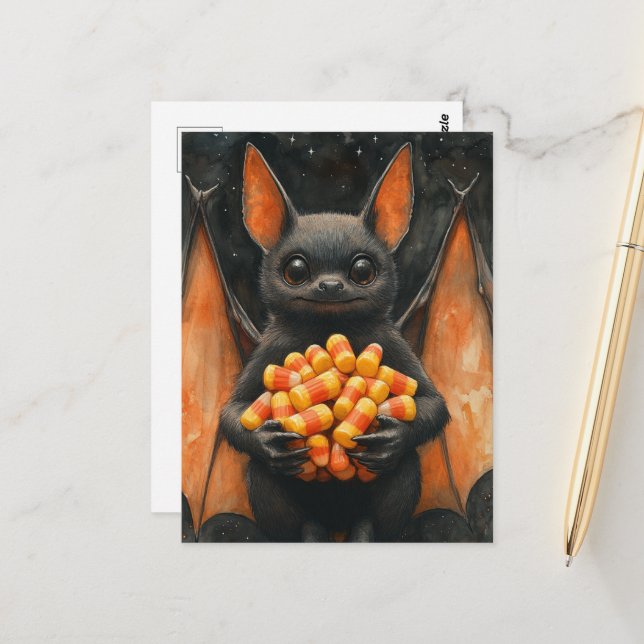 Carte Postale Cute Halloween Bat Cat With Candy (Devant/Arrière en situation)