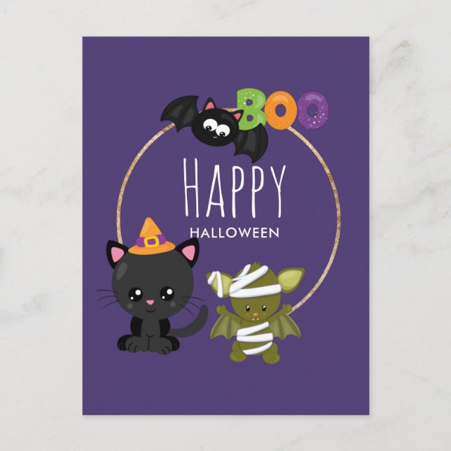 Carte Postale Cute Halloween Chat, chauve-souris et maman Boo (Devant)