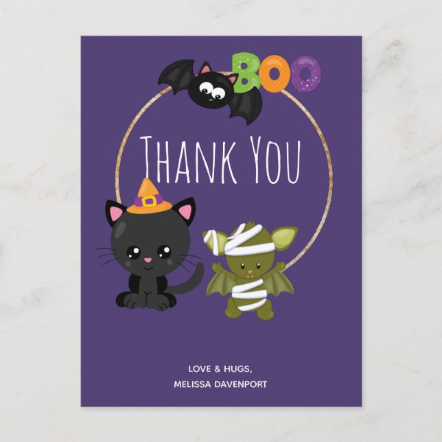 Carte Postale Cute Halloween Chat, chauve-souris et maman Merci  (Devant)