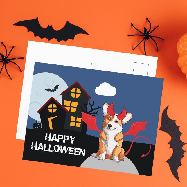 Carte Postale Cute Halloween Corgi Devil Costume Hauné Maison (Créateur téléchargé)