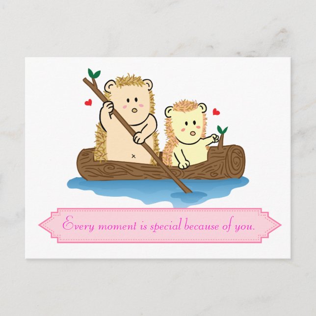 Carte Postale Cute Hedgehog couple naviguant en bateau en bois (Devant)