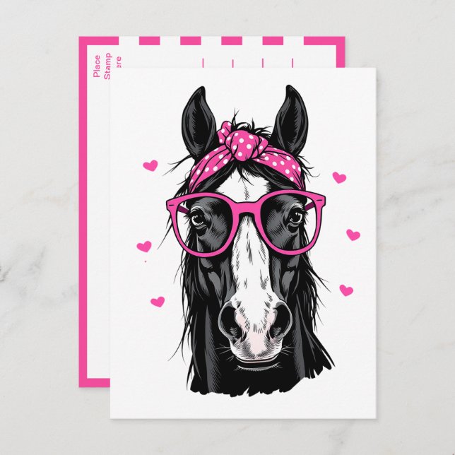 Carte Postale Cute Horse Pink Bandana Bonjour Penser de vous aim (Devant / Derrière)