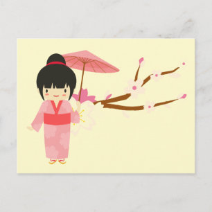 Carte Postale Cute japonaise rose cerise Blossom Geisha