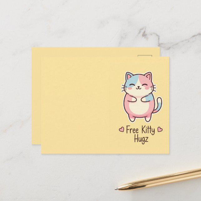 Carte Postale Cute Kawaii Cat Free Pup Hugz Pastel  (Devant/Arrière en situation)