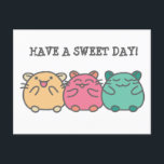 Carte Postale Cute Kawaii Style Hamsters personnalisées<br><div class="desc">Ajoutez votre propre message pour envoyer une carte postale mignonne à toute personne qui aime les hamsters. Cette carte postale présente de mignons hamsters de dessin animé de style kawaii en jaune,  rose et vert avec votre salutation ci-dessus en lettres grises.</div>