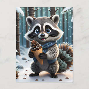 Carte Postale Cute Kawaii style Raccoon avec cône crème de pin