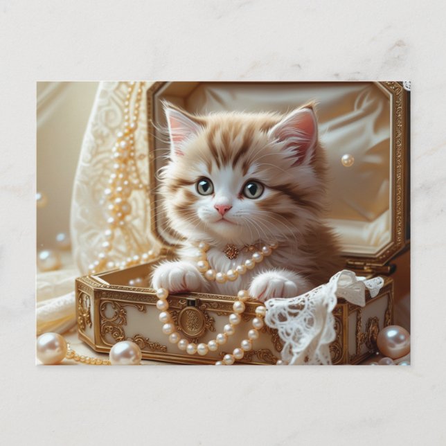 Carte Postale Cute Kitten avec perles assis dans une boîte à bij (Devant)