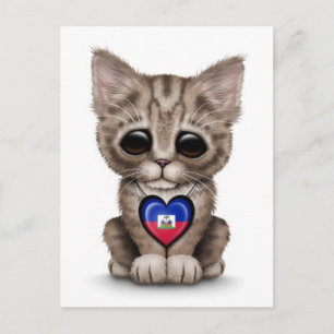 Carte Postale Cute Kitten Chat avec Drapeau Haïtien Coeur, blanc