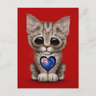 Carte Postale Cute Kitten Chat avec Nouvelle-Zélande Drapeau Coe