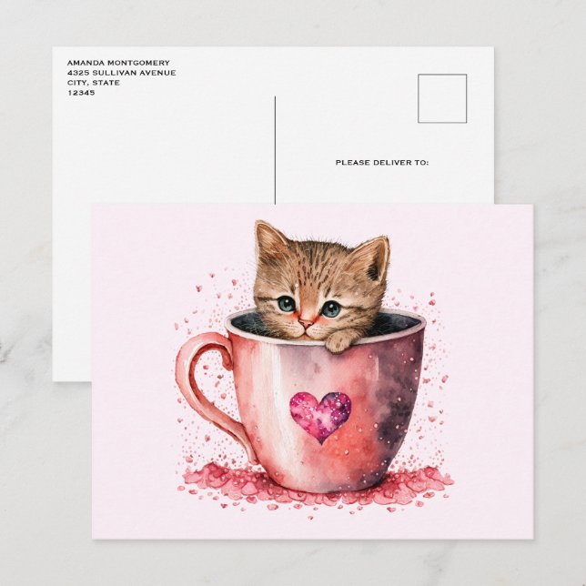 Carte Postale Cute Kitten dans un Teacup avec les coeurs (Devant / Derrière)