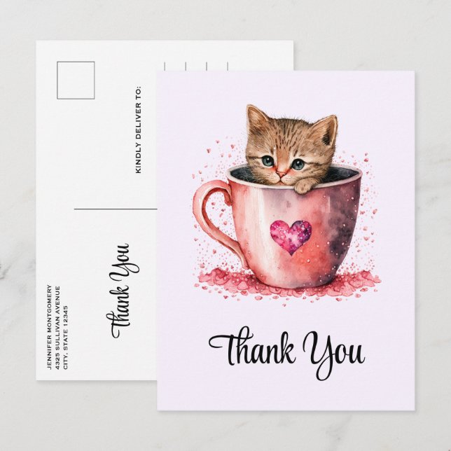 Carte Postale Cute Kitten dans un Teacup avec Merci de coeur (Devant / Derrière)