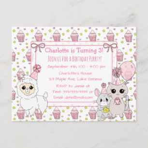 Carte Postale Cute Kitten, Llama et Souris Anniversaire de la fi