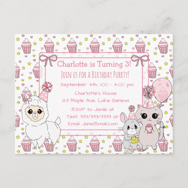 Carte Postale Cute Kitten, Llama et Souris Anniversaire de la fi (Devant)