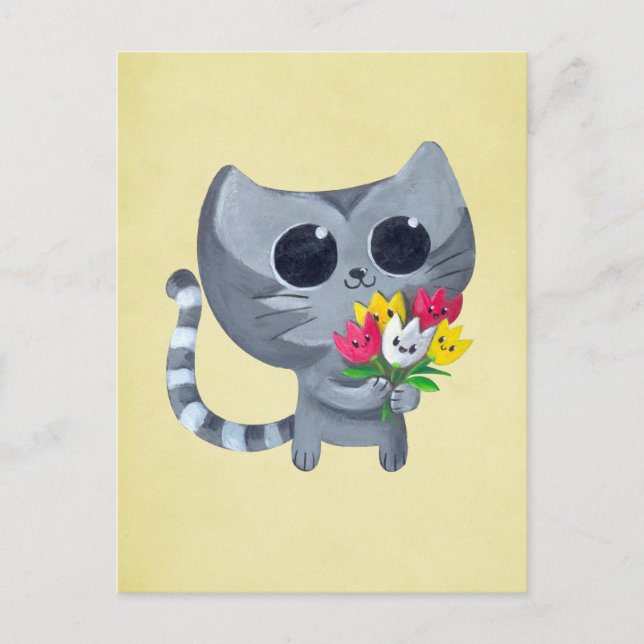 Carte Postale Cute Kitty Chat et fleurs (Devant)