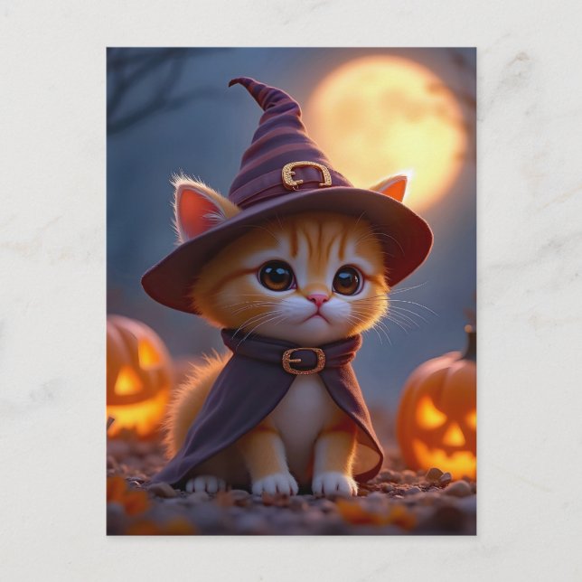 Carte Postale Cute kitty en costume de sorcière, Halloween (Devant)