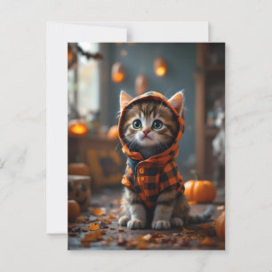 Carte Postale Cute kitty en manteau noir et orange à Halloween