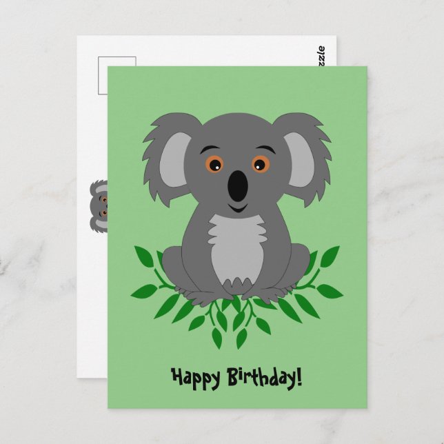 Carte Postale Cute koala avec anniversaire de enfant eucalyptus (Devant / Derrière)