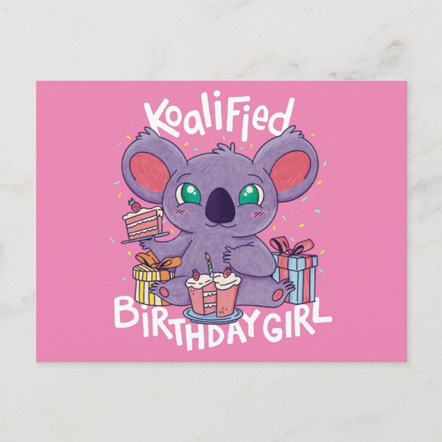 Carte Postale Cute Koala Ours Koalified Anniversaire fille rose (Devant)