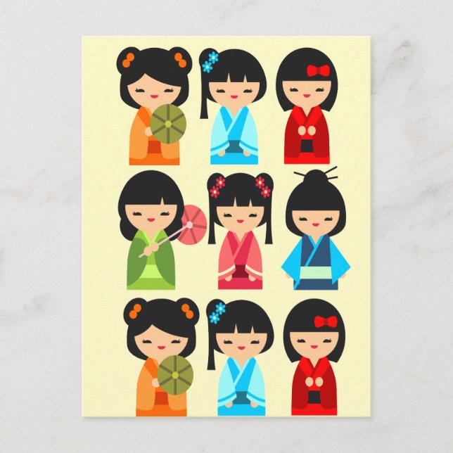 Carte Postale Cute Kokeshi poupées japonaises (Devant)