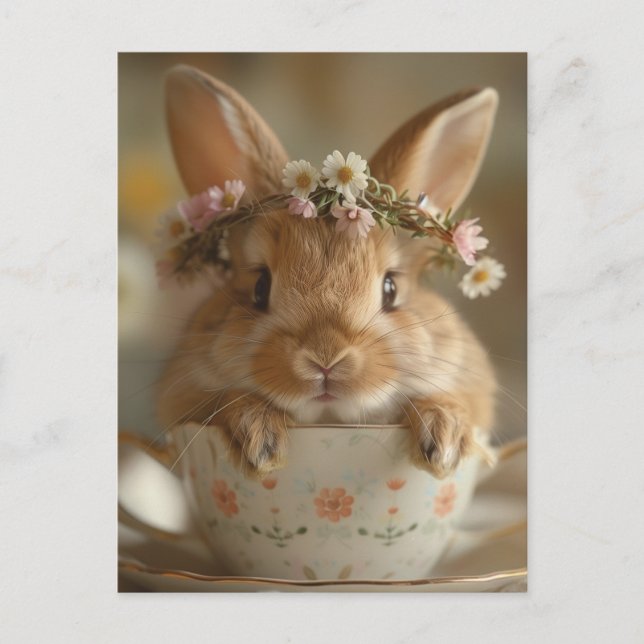 Carte Postale Cute lapin avec couronne de fleur dans une tasse (Devant)