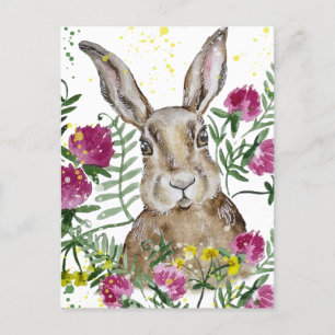 Carte Postale Cute lapin en fleurs d'aquarelle