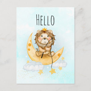 Carte Postale Cute Lion Pêche sur la Lune Aquarelle Bonjour