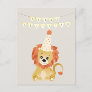 Carte Postale Cute Lion Portant Casquette de fête Anniversaire B