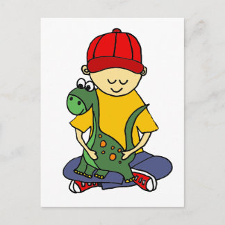 Carte Postale Cute Little Boy Accroche son Brontosaurus