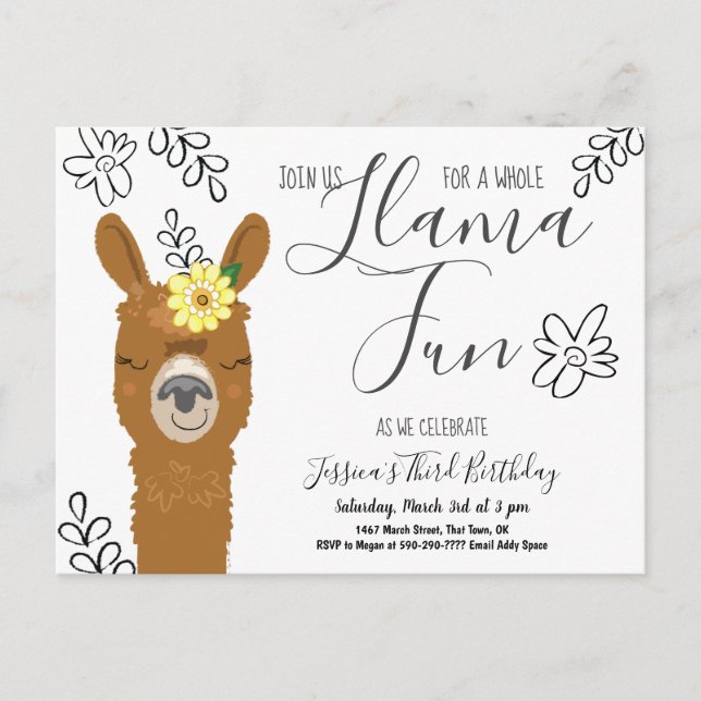 Carte Postale Cute Llama Fun Girls Birthday Party Invitation (Devant)