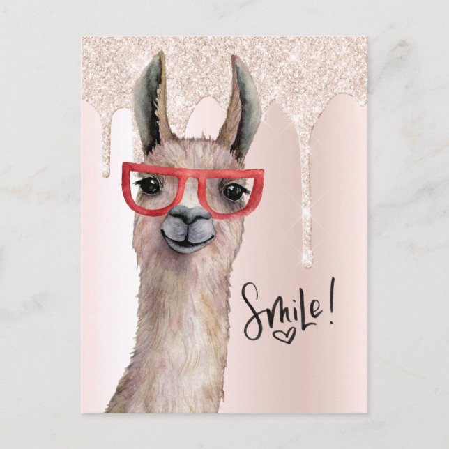 Carte Postale Cute Llama Girly Rose Parties scintillant Penser D (Devant)