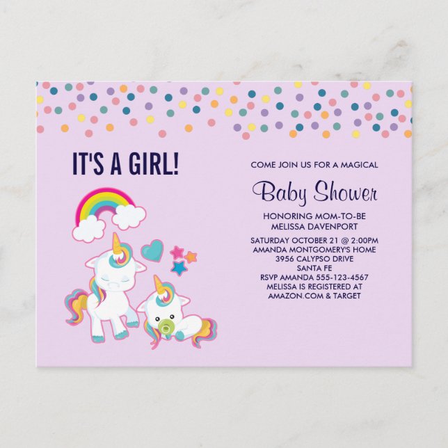 Carte Postale Cute Mama & Baby Unicorn Baby shower magique (Devant)