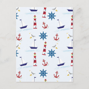 Carte Postale Cute Nautical Lighthouse Navire et Sea Gull bleu