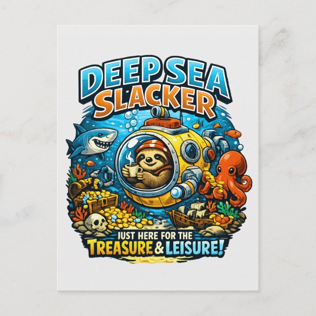 Carte Postale Cute Ocean Adventure Humor, Funny Sloth Diving art (Devant)