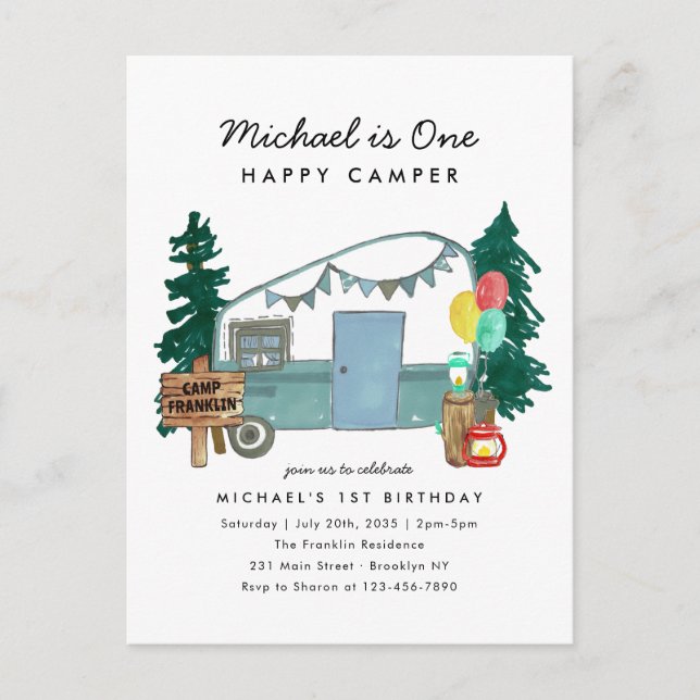 Carte Postale Cute One Happy Camper Trees Camping 1er anniversai (Devant)